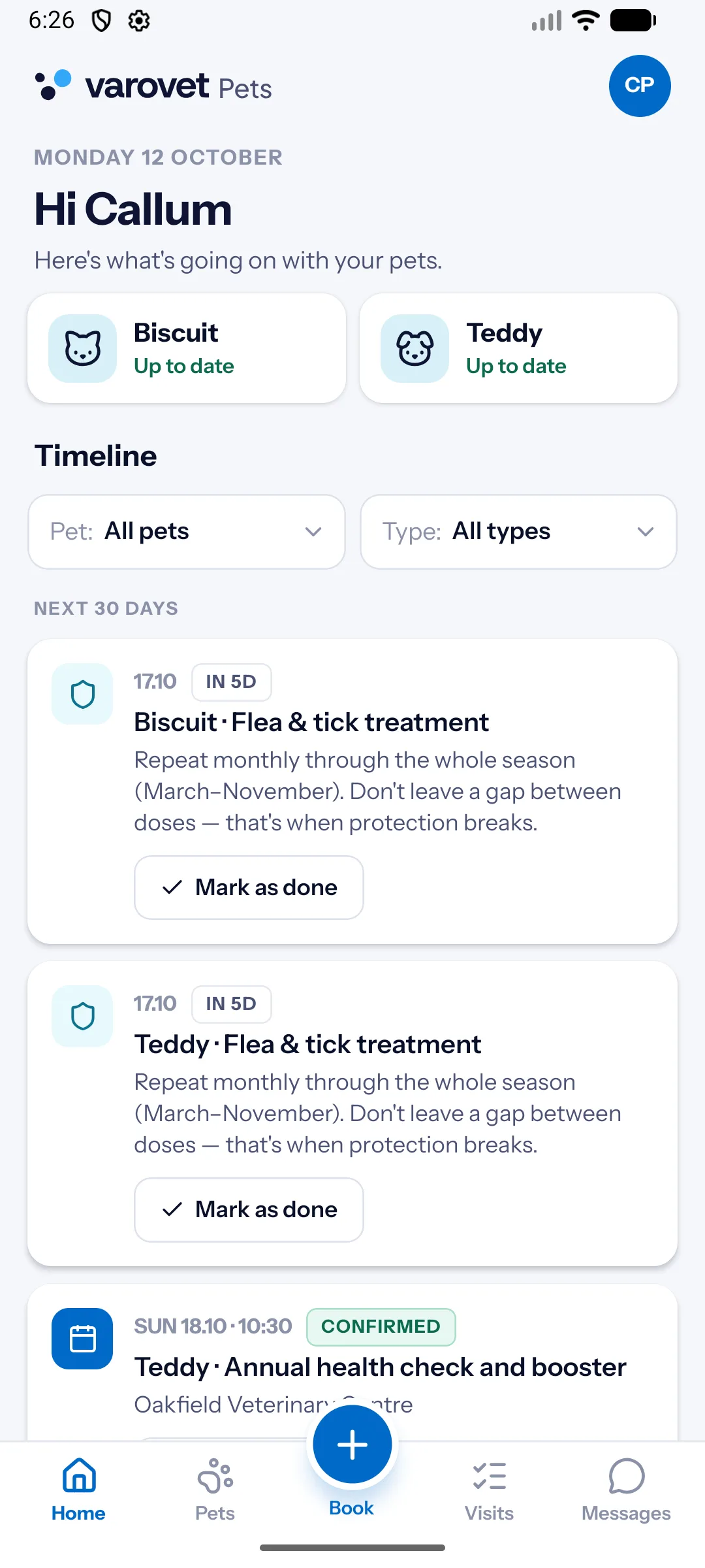 Care timeline in the VaroVet Pets app