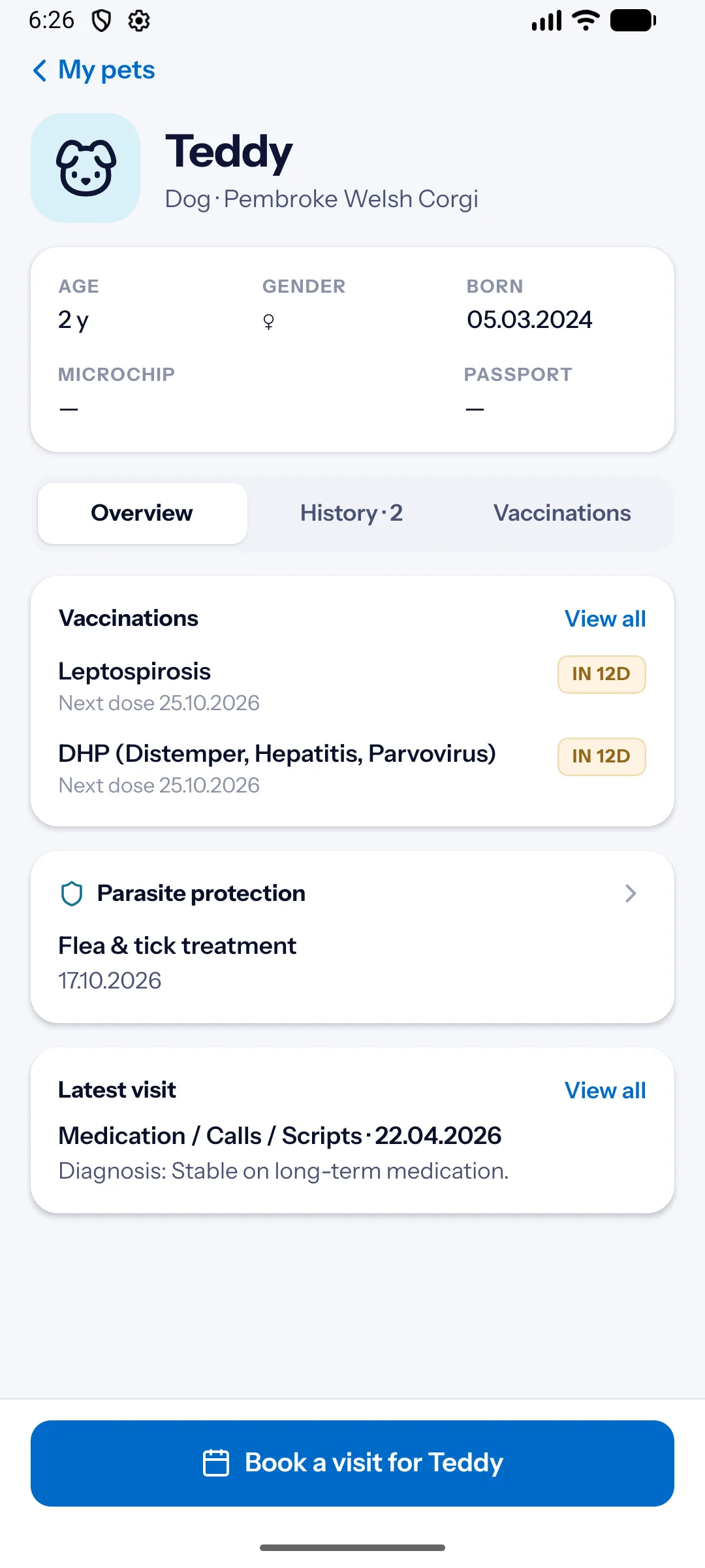 Pet record in the VaroVet Pets app
