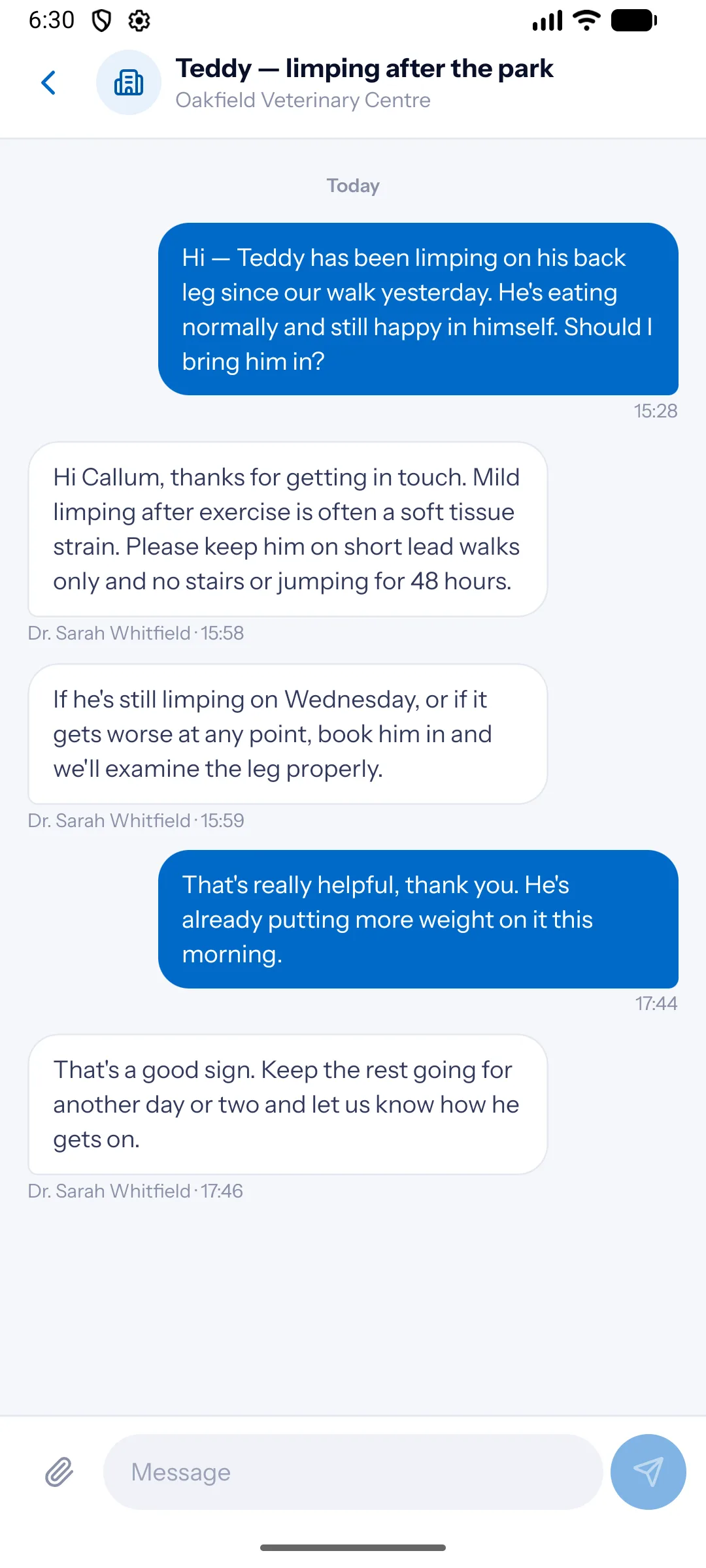 Messaging the clinic in the VaroVet Pets app